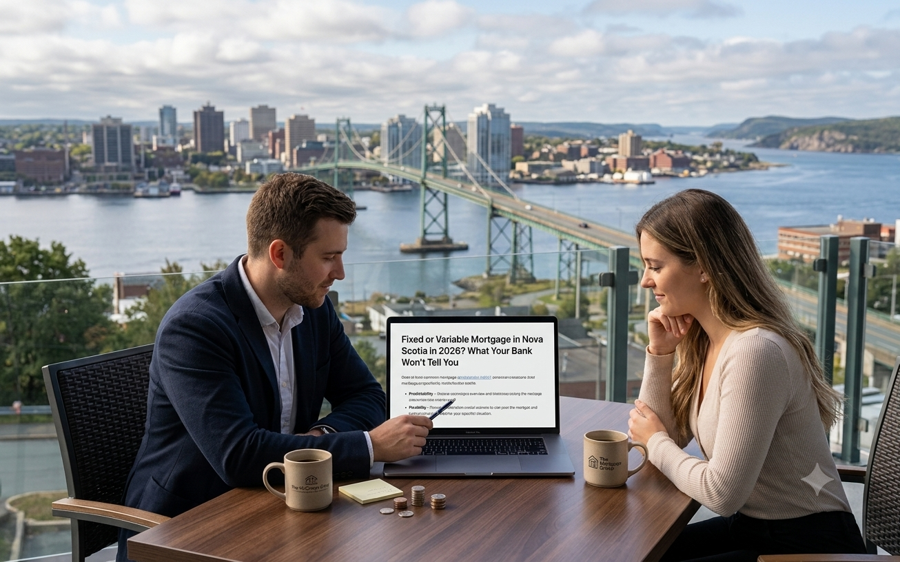 Fixed vs Variable Mortgage Nova Scotia 2026 Couple meeting with a real estate agent to compare fixed and variable mortgage options in Halifax, Nova Scotia